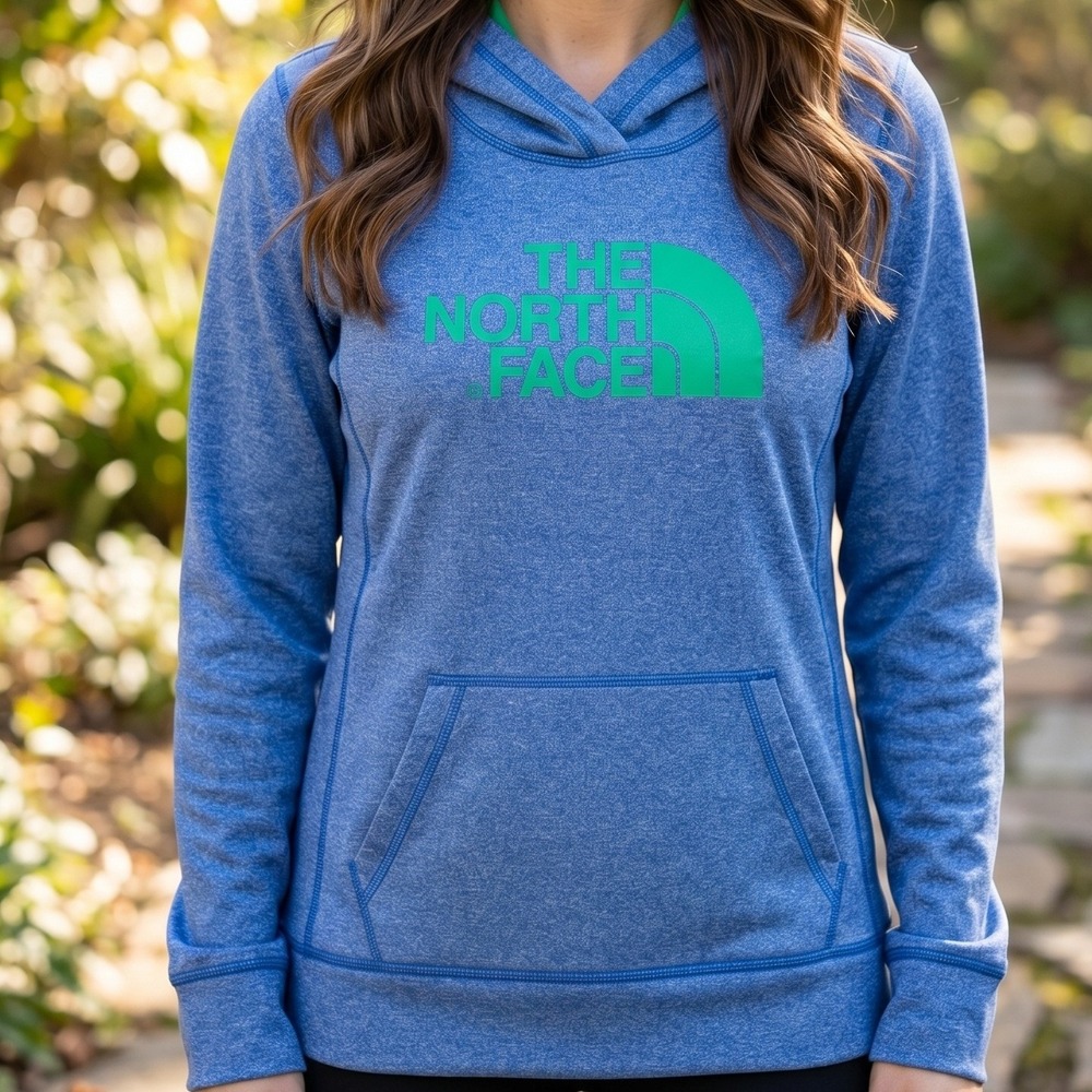 The North Face Womens Blue Heather Green Logo‎ Pullover Hoodie Activewear M